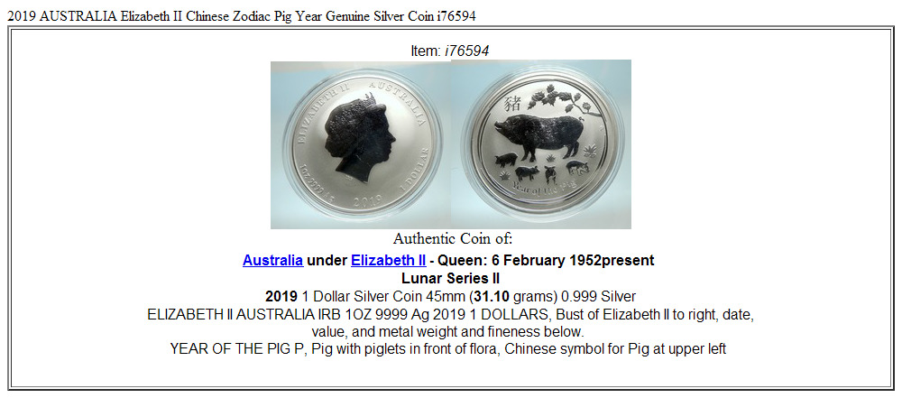 2019 AUSTRALIA Elizabeth II Chinese Zodiac Pig Year Genuine Silver Coin i76594