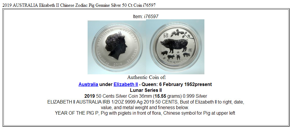 2019 AUSTRALIA Elizabeth II Chinese Zodiac Pig Genuine Silver 50 Ct Coin i76597