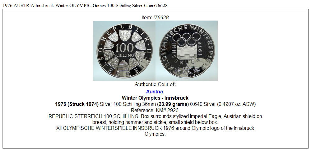 1976 AUSTRIA Innsbruck Winter OLYMPIC Games 100 Schilling Silver Coin i76628