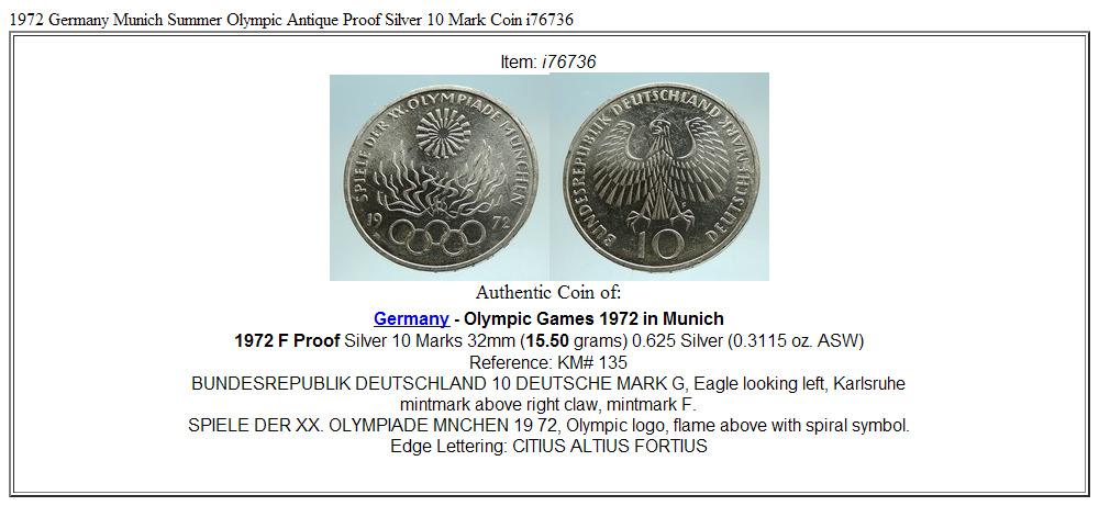 1972 Germany Munich Summer Olympic Antique Proof Silver 10 Mark Coin i76736