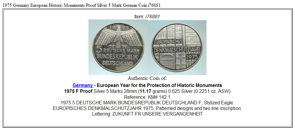 1975 Germany European Historic Monuments Proof Silver 5 Mark German Coin i76881