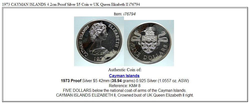 1973 CAYMAN ISLANDS 4.2cm Proof Silver $5 Coin w UK Queen Elizabeth II i76794