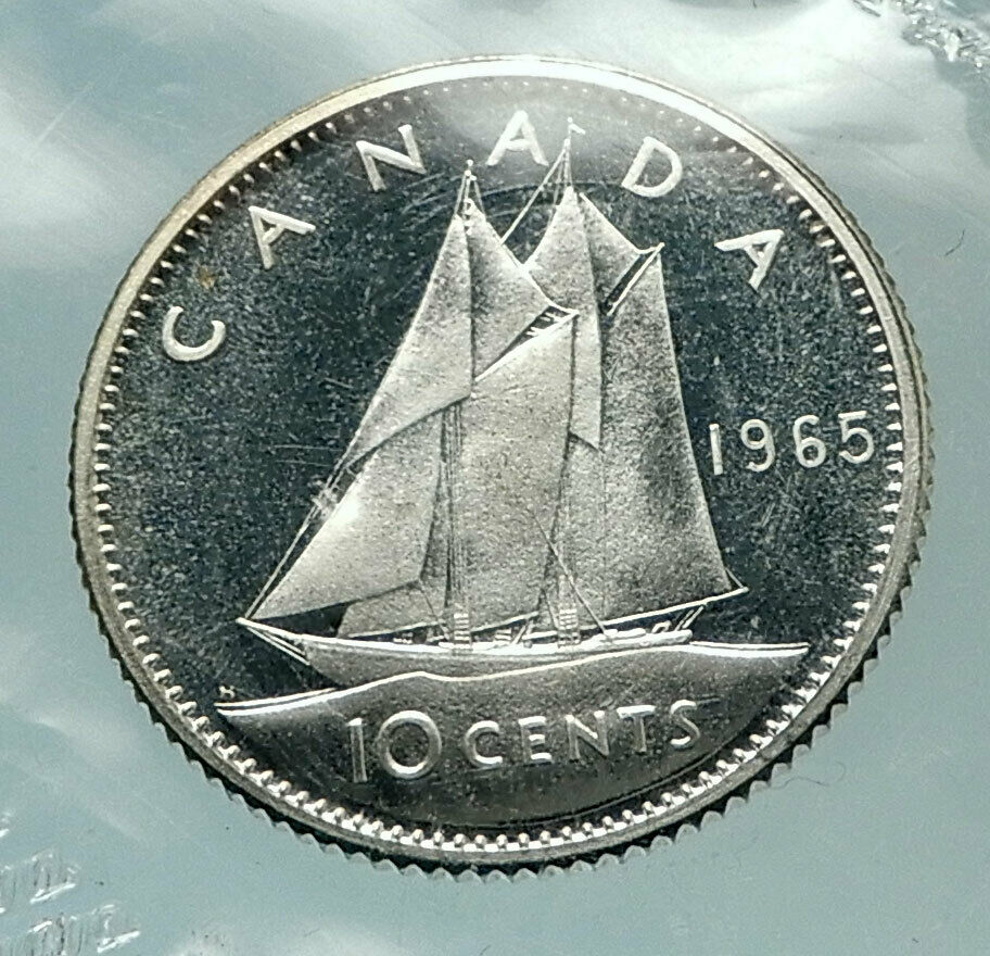 1965 CANADA Queen ELIZABETH II Silver 10 Cent SILVER Coin - BLUENOSE SHIP i76494