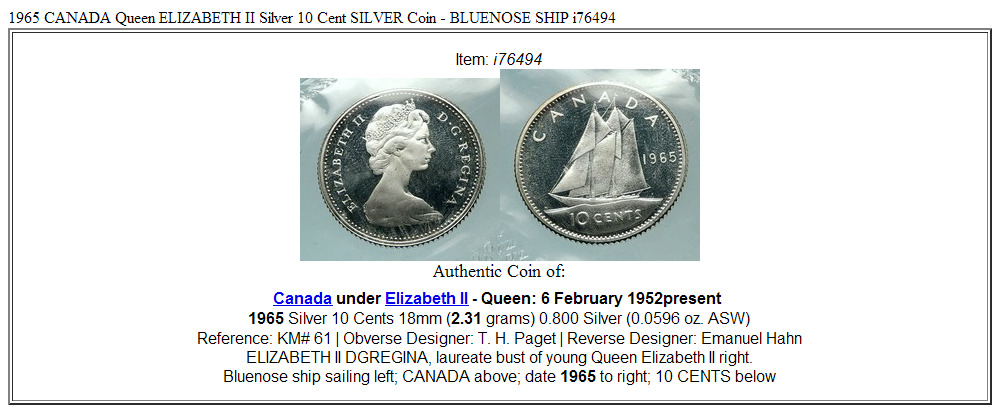 1965 CANADA Queen ELIZABETH II Silver 10 Cent SILVER Coin - BLUENOSE SHIP i76494