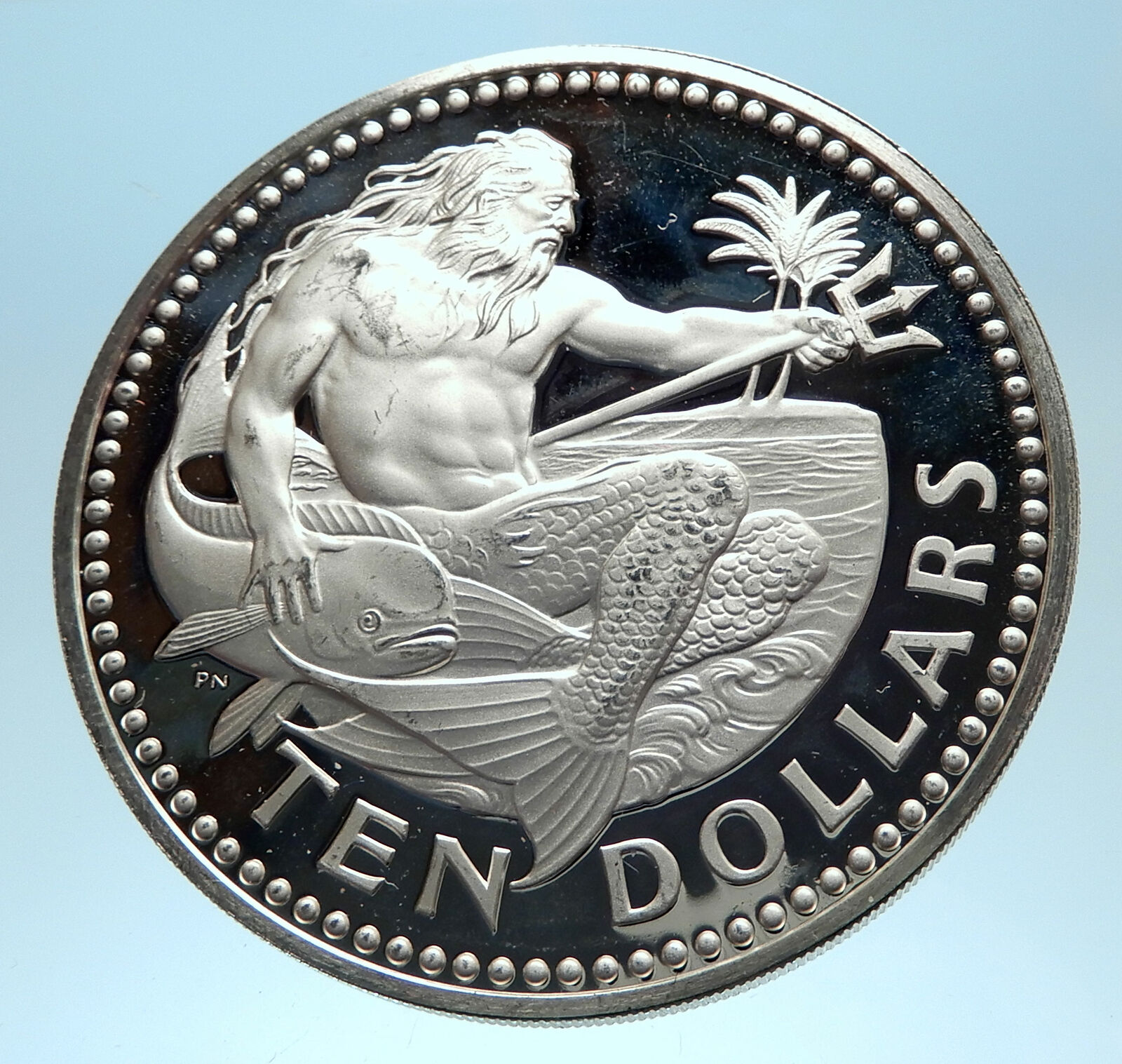 1974 BARBADOS Huge 4.2cm Genuine Proof Silver 10 Dollars Coin w NEPTUNE i77441