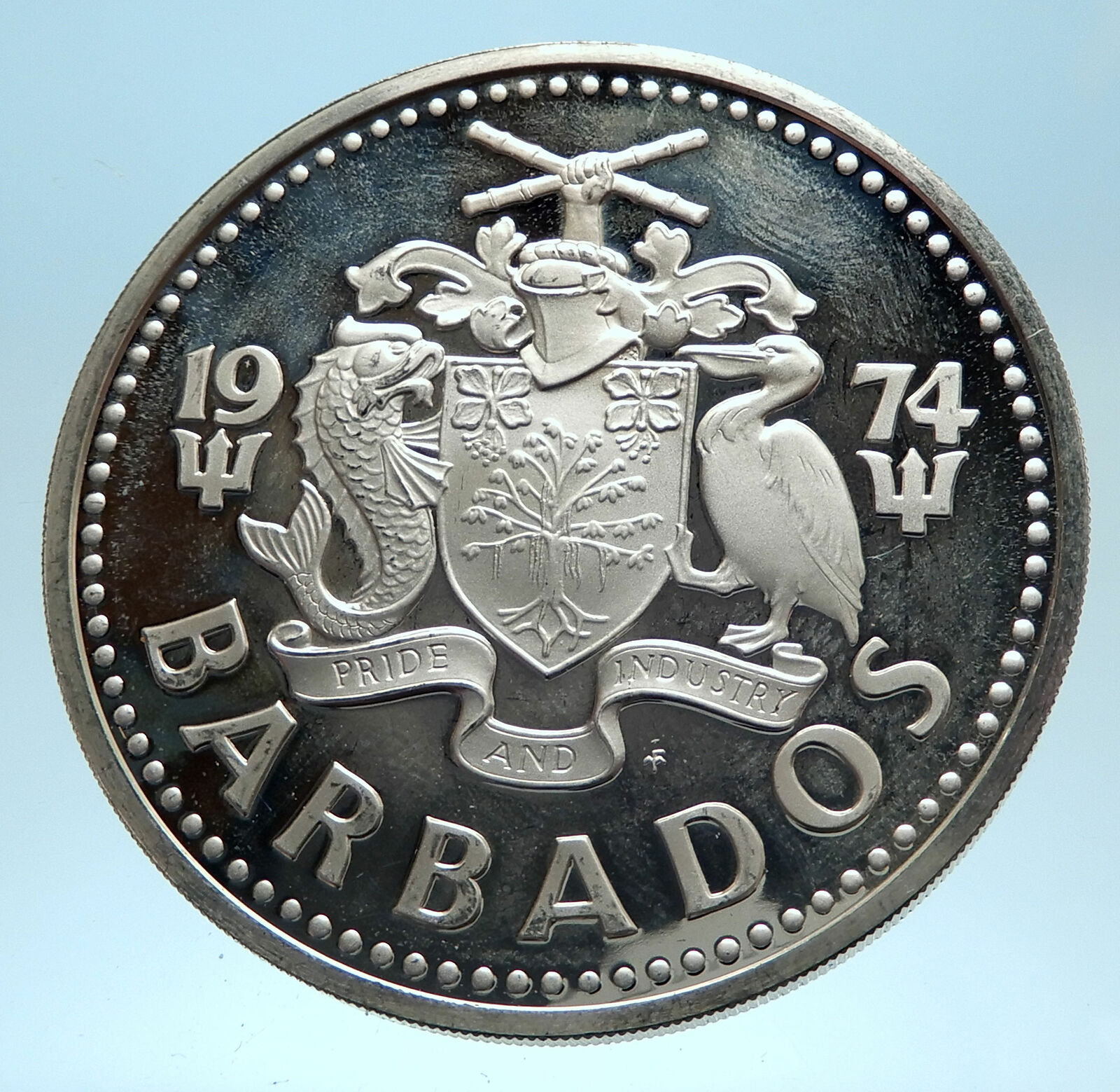 1974 BARBADOS Huge 4.2cm Genuine Proof Silver 10 Dollars Coin w NEPTUNE i77441