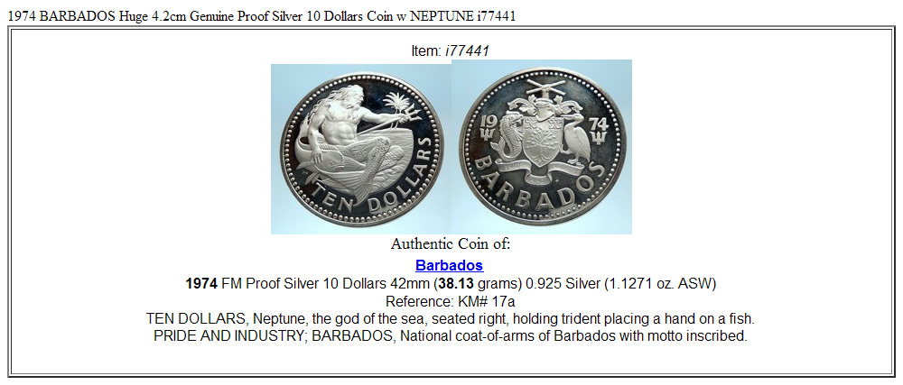 1974 BARBADOS Huge 4.2cm Genuine Proof Silver 10 Dollars Coin w NEPTUNE i77441