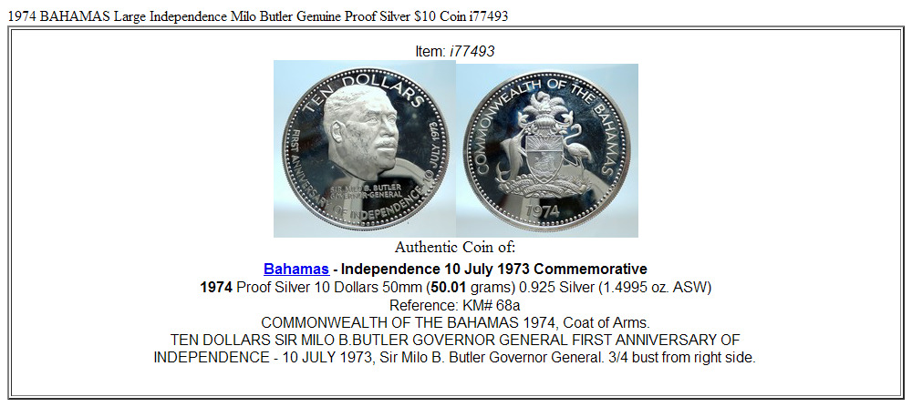 1974 BAHAMAS Large Independence Milo Butler Genuine Proof Silver $10 Coin i77493