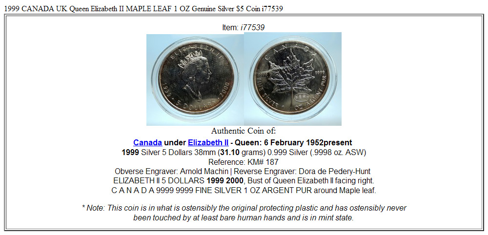 1999 CANADA UK Queen Elizabeth II MAPLE LEAF 1 OZ Genuine Silver $5 Coin i77539