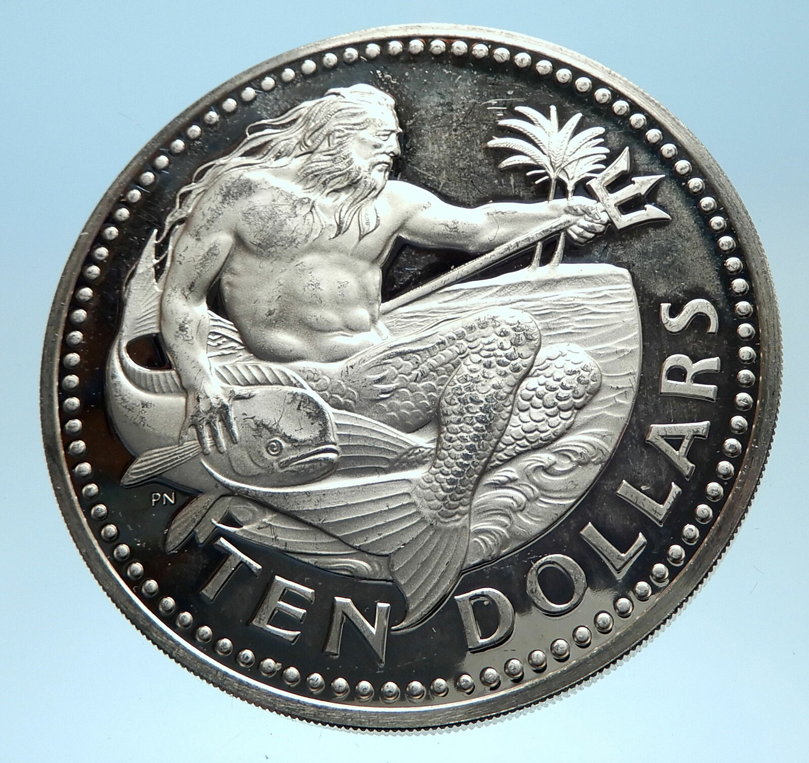 1974 BARBADOS Huge 4.2cm Genuine Proof Silver 10 Dollars Coin w NEPTUNE i77444