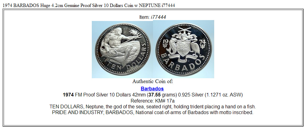 1974 BARBADOS Huge 4.2cm Genuine Proof Silver 10 Dollars Coin w NEPTUNE i77444