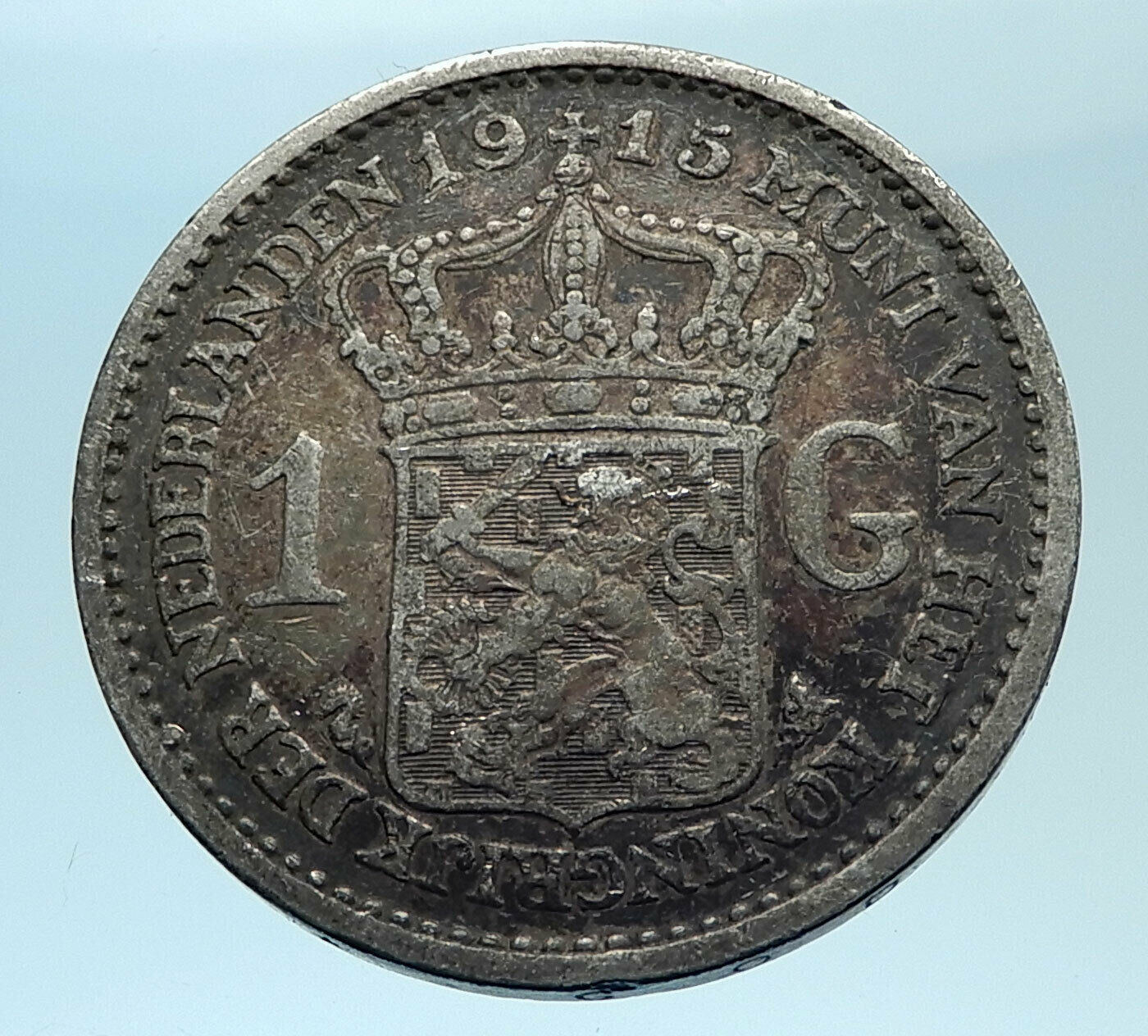 1915 Netherlands Kingdom w Queen WILHELMINA Silver 1 Gulden Coin i77521