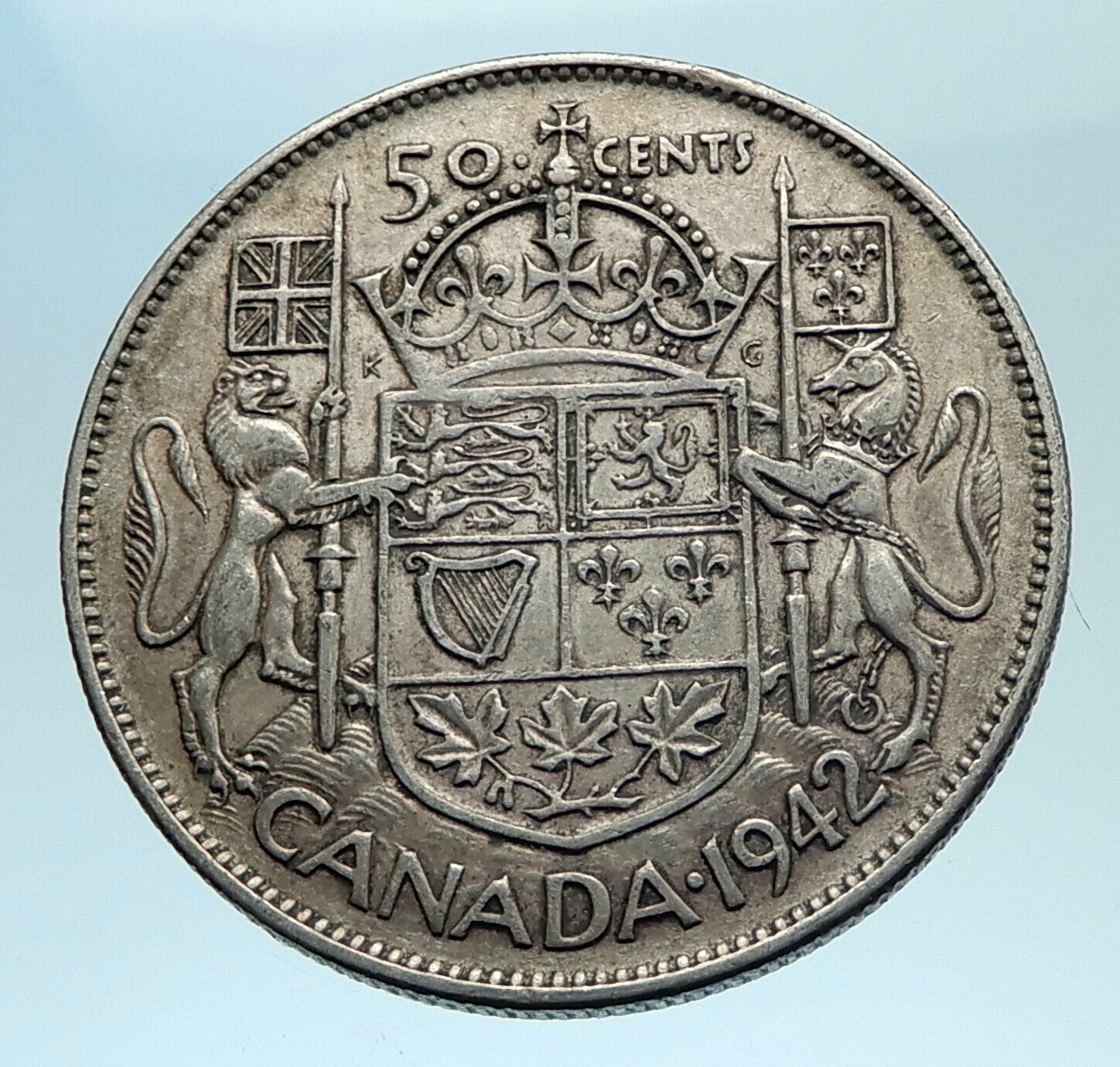 1942 CANADA WWII Time SILVER 50 Cents Coin UK King GEORGE VI Coat-of-Arms i77526