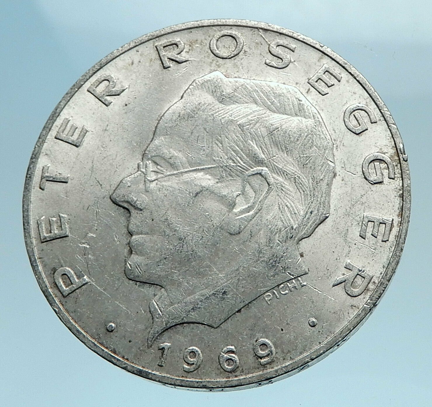 1969 AUSTRIA Poet Writer Peter Rosegger Antique Silver 25 Schilling Coin i77690