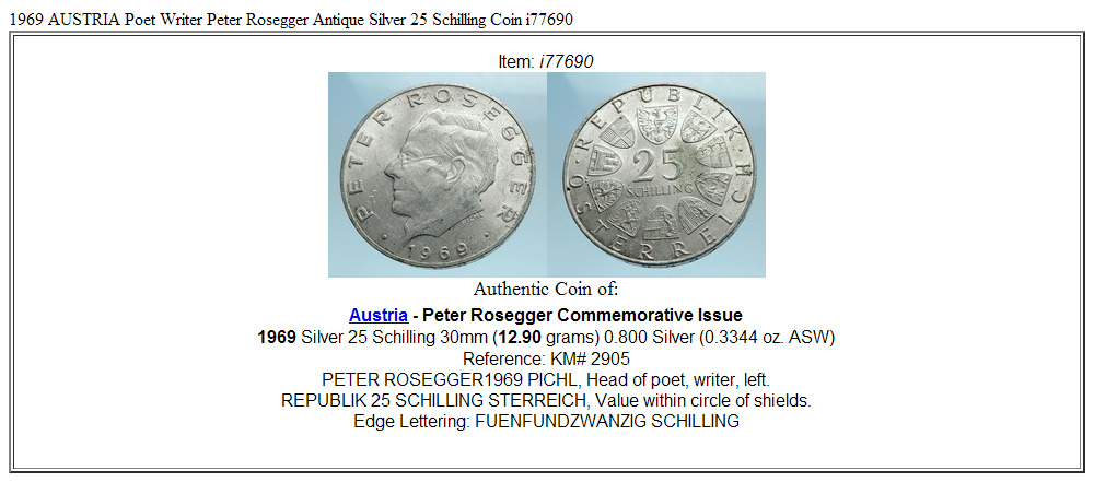 1969 AUSTRIA Poet Writer Peter Rosegger Antique Silver 25 Schilling Coin i77690