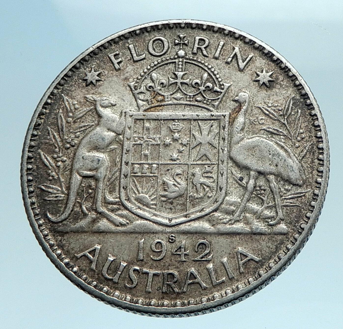 1942 AUSTRALIA Large King George VI Kangaroos Antique Silver Florin Coin i77694