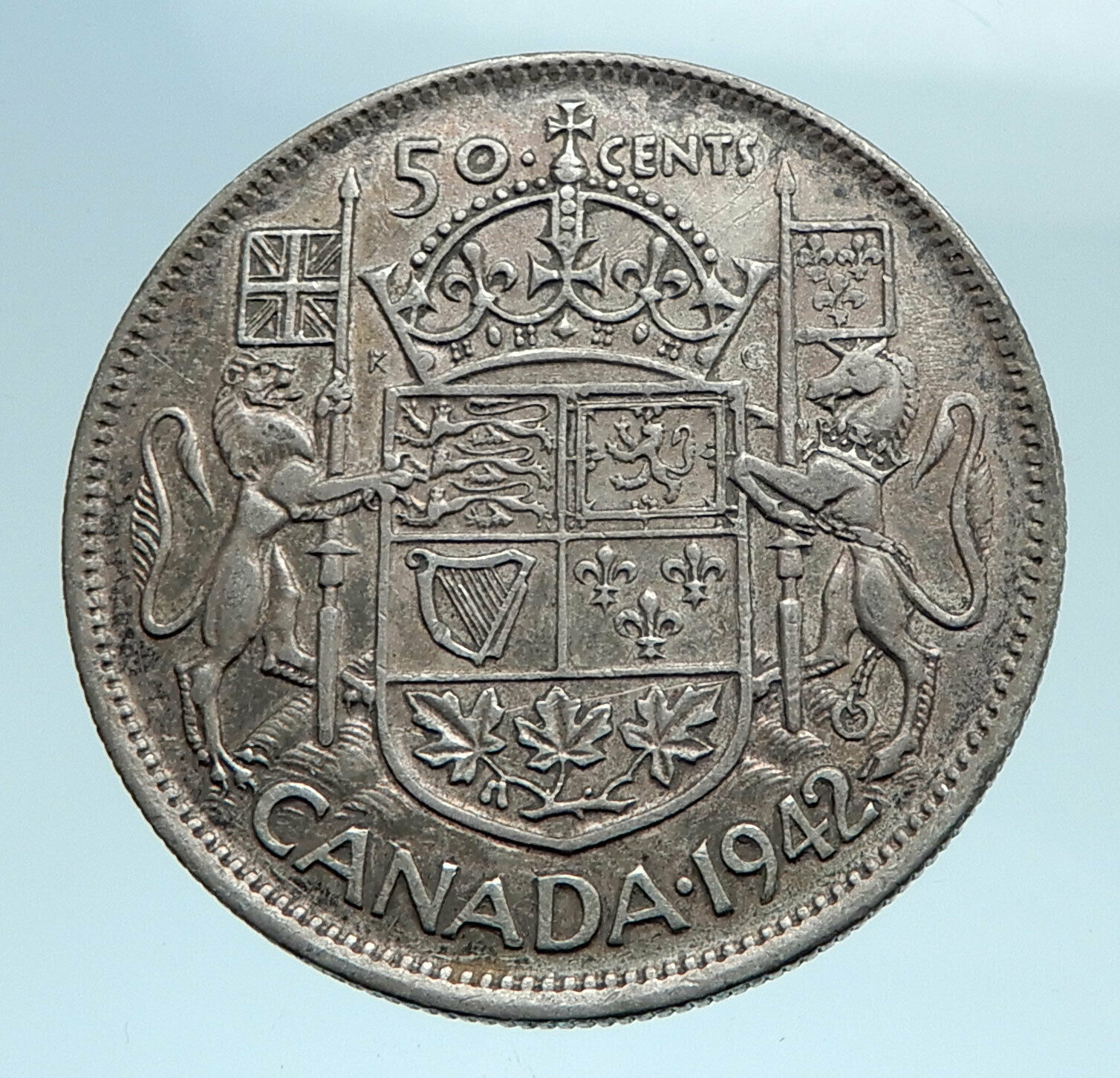 1942 CANADA WWII Time SILVER 50 Cents Coin UK King GEORGE VI Coat-of-Arms i77719