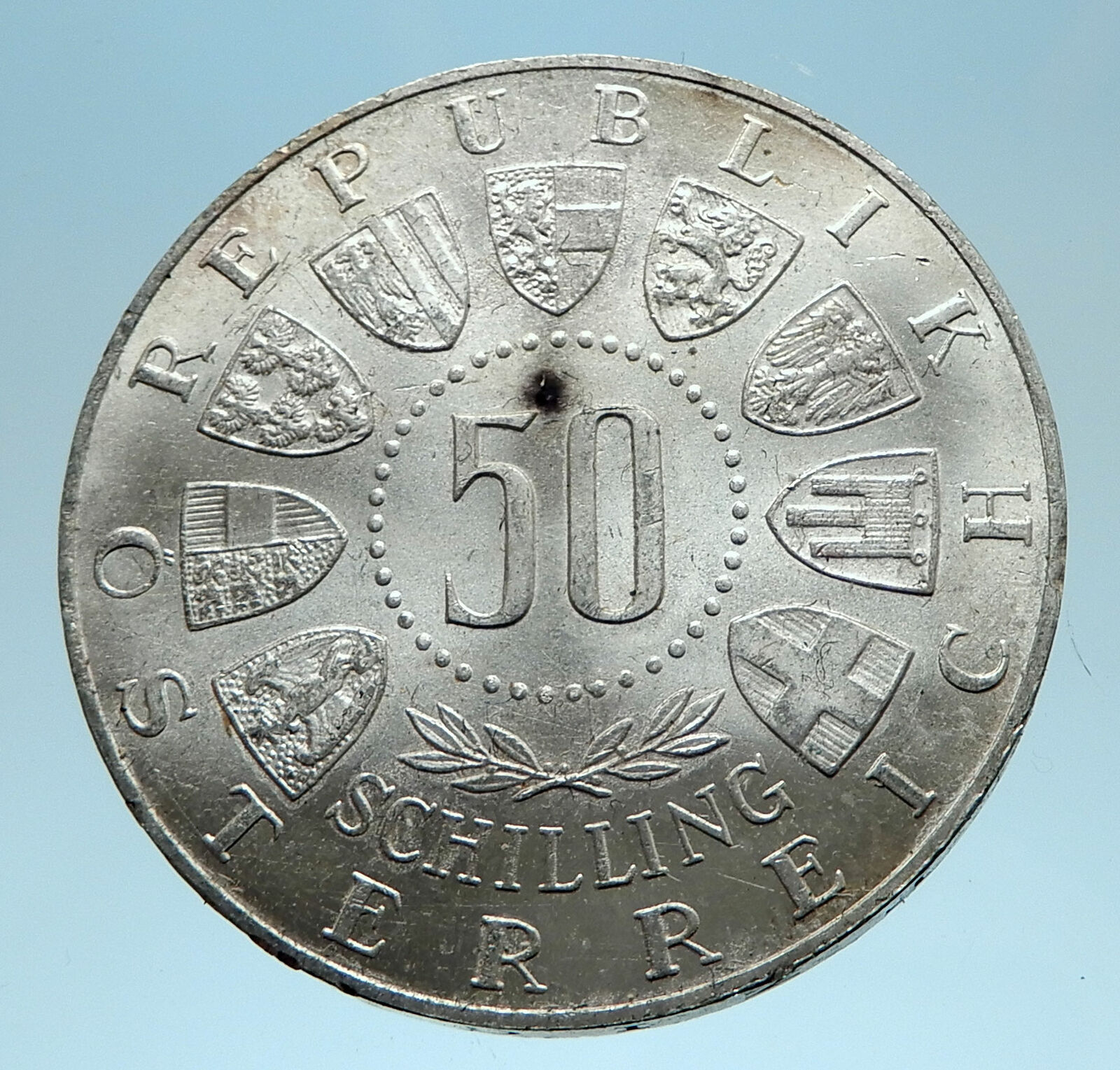 1963 AUSTRIA Tyrol and Austrian Shields Genuine Silver 50 Shilling Coin i77814