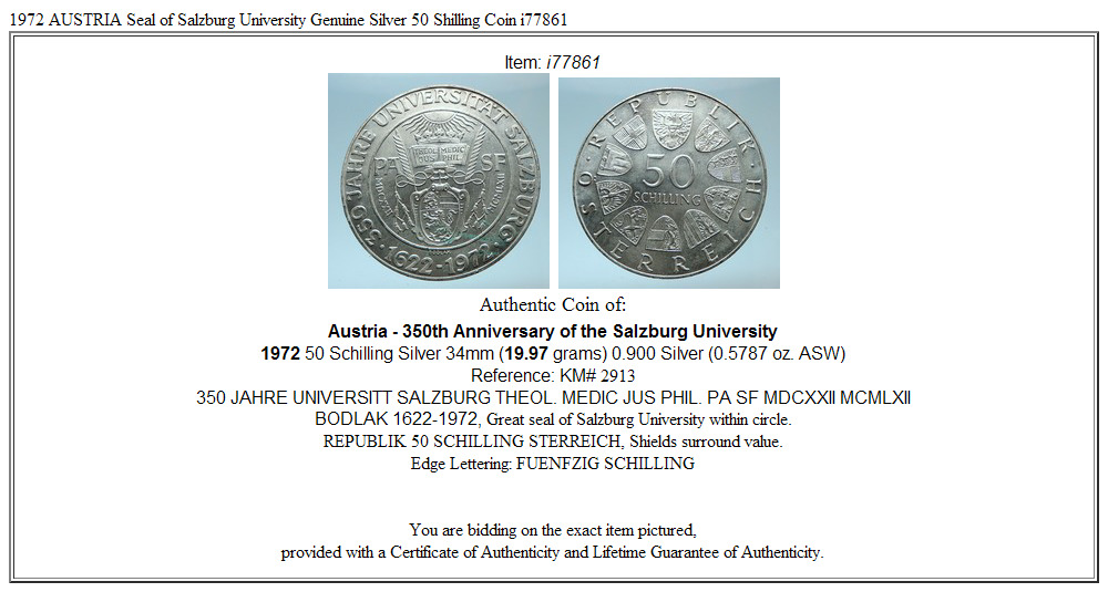 1972 AUSTRIA Seal of Salzburg University Genuine Silver 50 Shilling Coin i77861