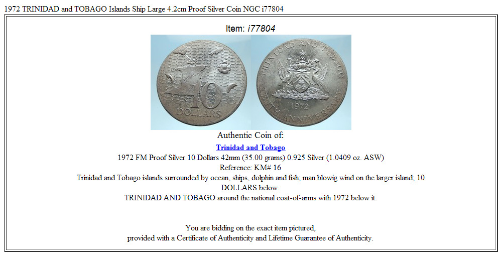 1972 TRINIDAD and TOBAGO Islands Ship Large 4.2cm Proof Silver Coin i77804