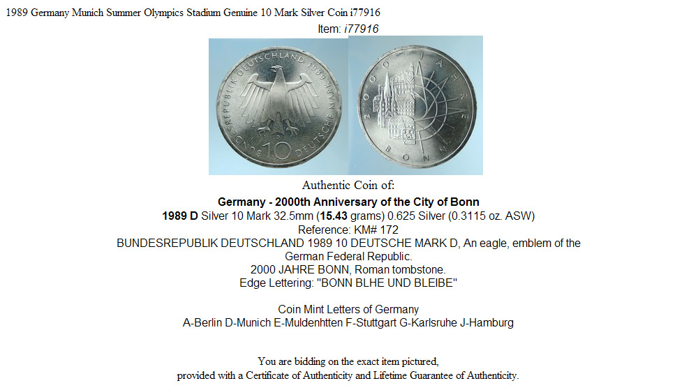 1989 Germany Munich Summer Olympics Stadium Genuine 10 Mark Silver Coin i77916