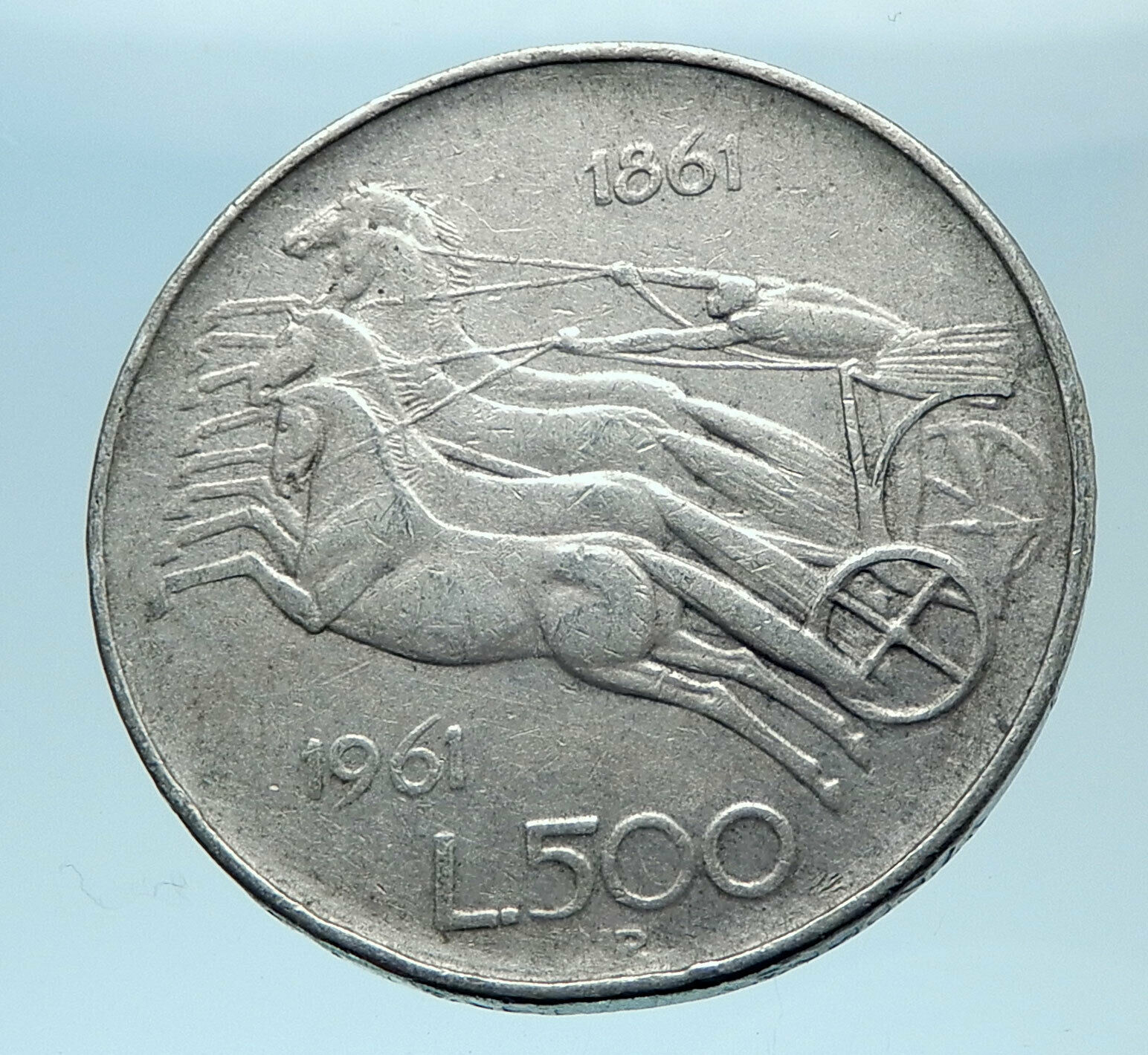 1961 ITALY Silver 500 Lire Coin ITALIAN UNIFICATION Rome Capital CHARIOT i77842