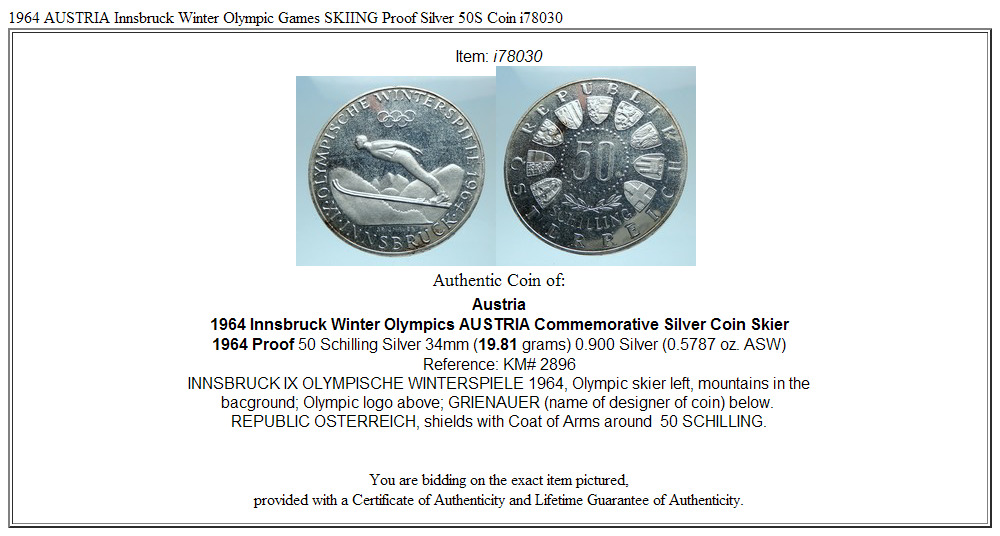 1964 AUSTRIA Innsbruck Winter Olympic Games SKIING Proof Silver 50S Coin i78030