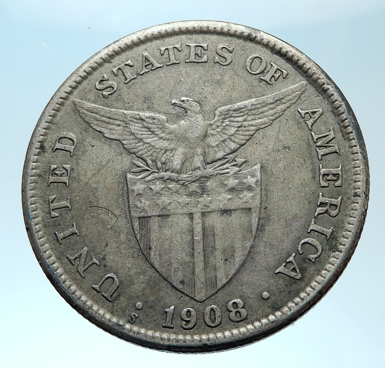 1908 S PHILIPPINES Under US Administration w Eagle Silver PESO Coin i77982