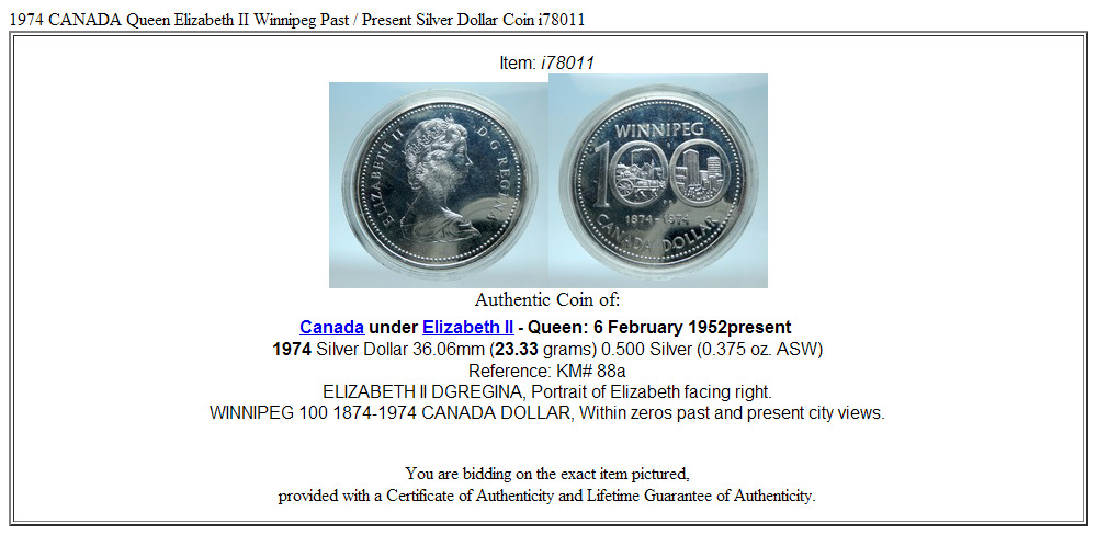 1974 CANADA Queen Elizabeth II Winnipeg Past / Present Silver Dollar Coin i78011