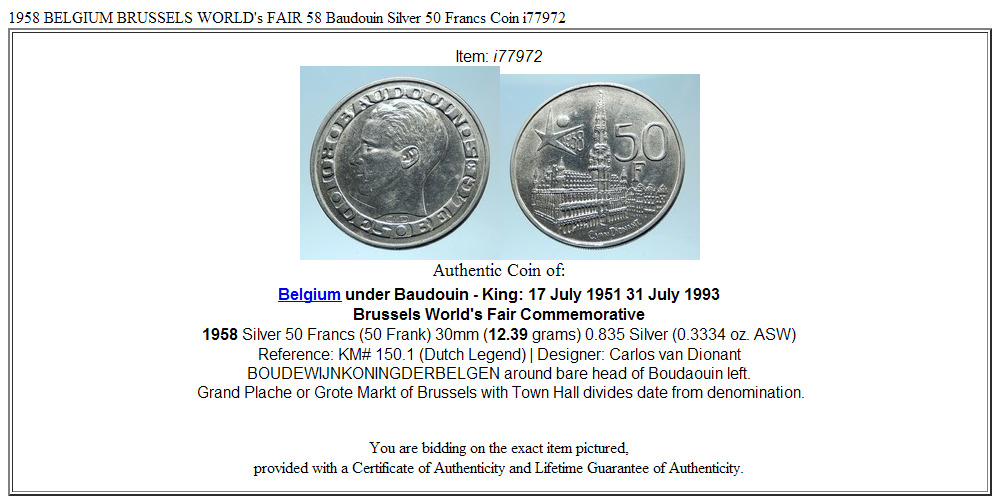 1958 BELGIUM BRUSSELS WORLD's FAIR 58 Baudouin Silver 50 Francs Coin i77972