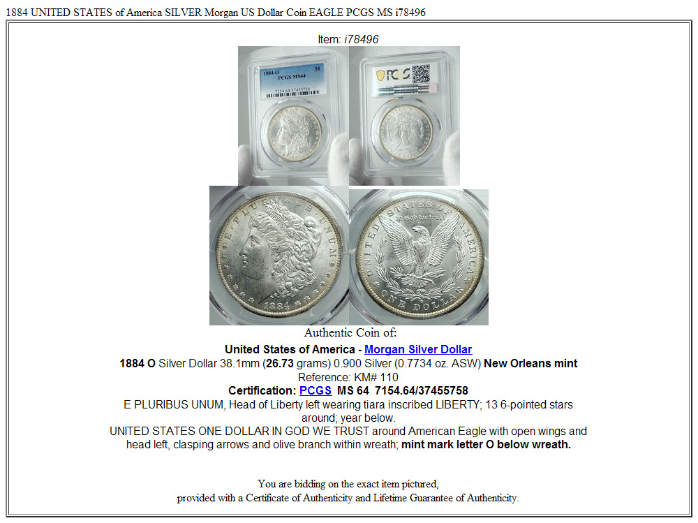 1884 UNITED STATES of America SILVER Morgan US Dollar Coin EAGLE PCGS MS i78496