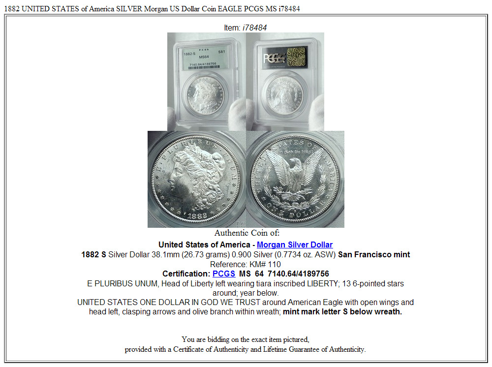 1882 UNITED STATES of America SILVER Morgan US Dollar Coin EAGLE PCGS MS i78484