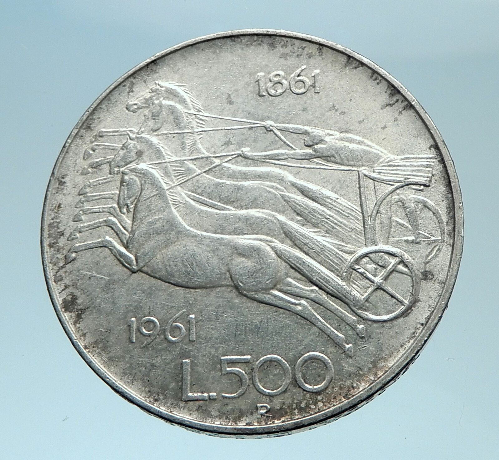 1961 ITALY Silver 500 Lire Coin ITALIAN UNIFICATION Rome Capital CHARIOT i78344