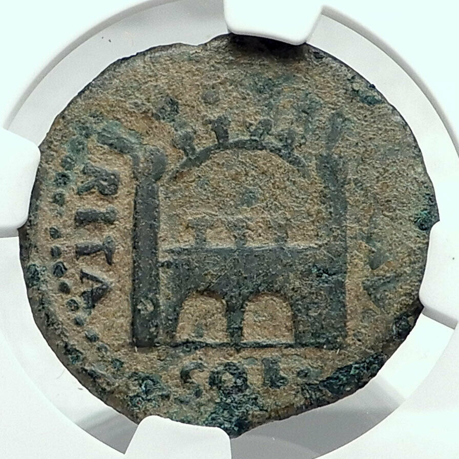 TIBERIUS Authentic Ancient EMERITA SPAIN City GATE & WALLS Roman Coin NGC i78516