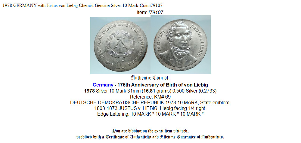 1978 GERMANY with Justus von Liebig Chemist Genuine Silver 10 Mark Coin i79107