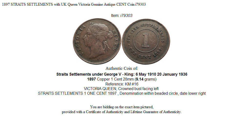 1897 STRAITS SETTLEMENTS with UK Queen Victoria Genuine Antique CENT Coin i79303