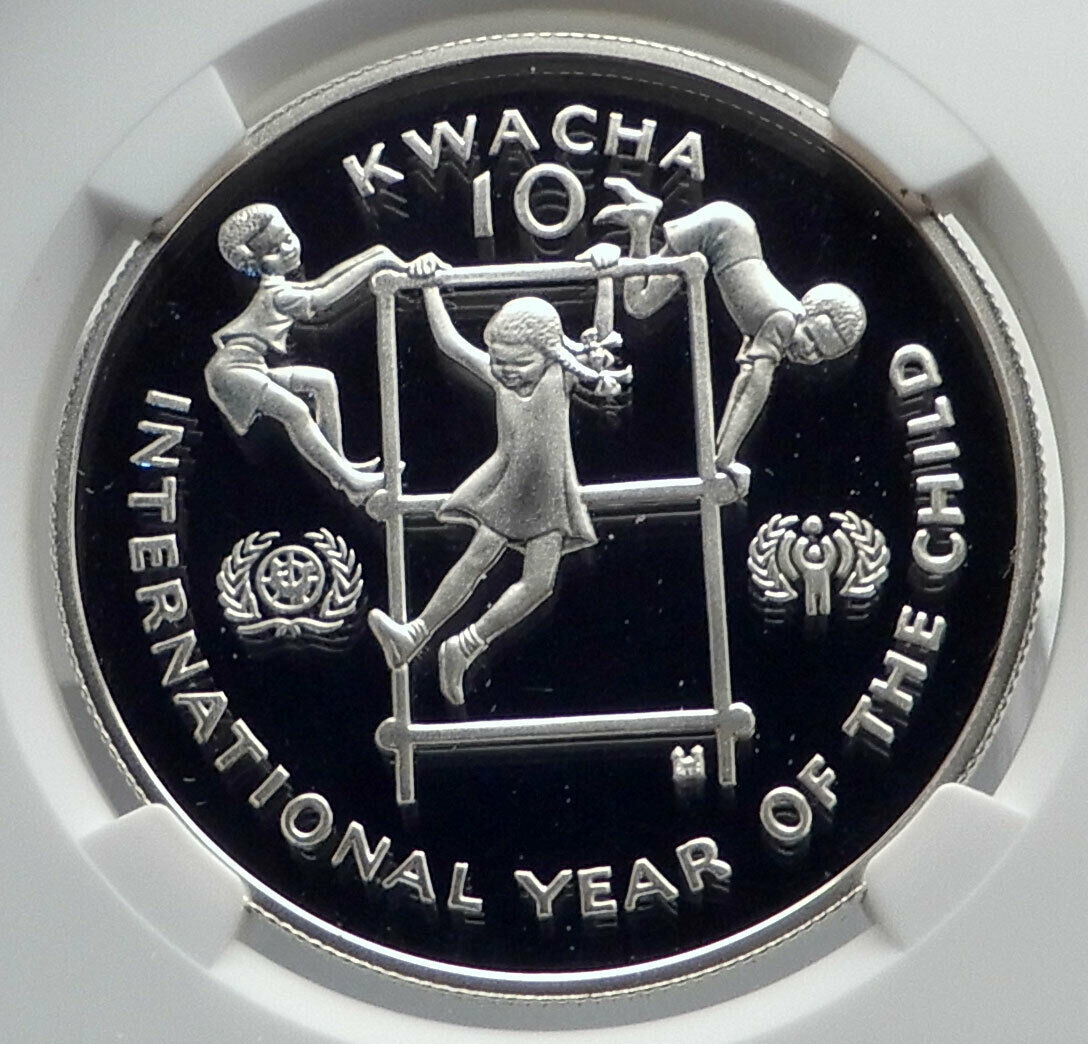 1980 ZAMBIA African Year Children Genuine Proof Silver 10 Kwacha Coin NGC i80050