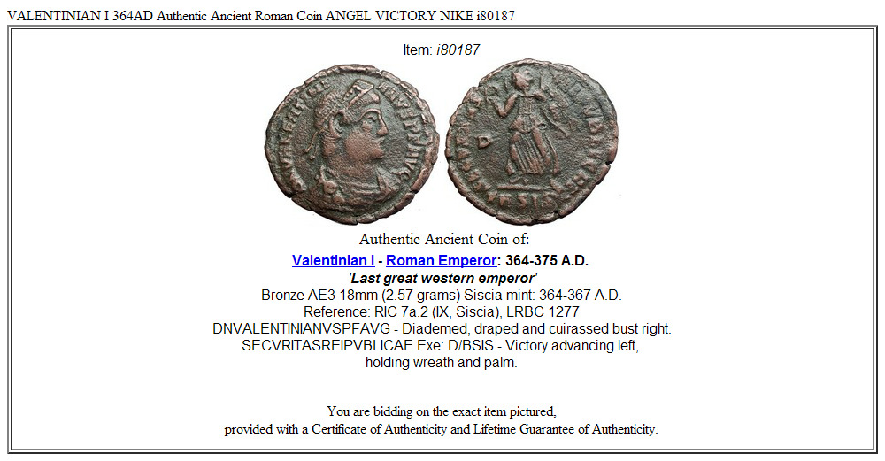 VALENTINIAN I 364AD Authentic Ancient Roman Coin ANGEL VICTORY NIKE i80187