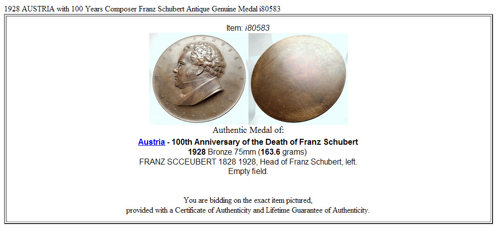 1928 AUSTRIA with 100 Years Composer Franz Schubert Antique Genuine Medal i80583