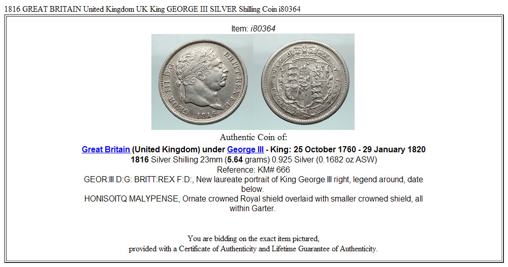 1816 GREAT BRITAIN United Kingdom UK King GEORGE III SILVER Shilling Coin i80364