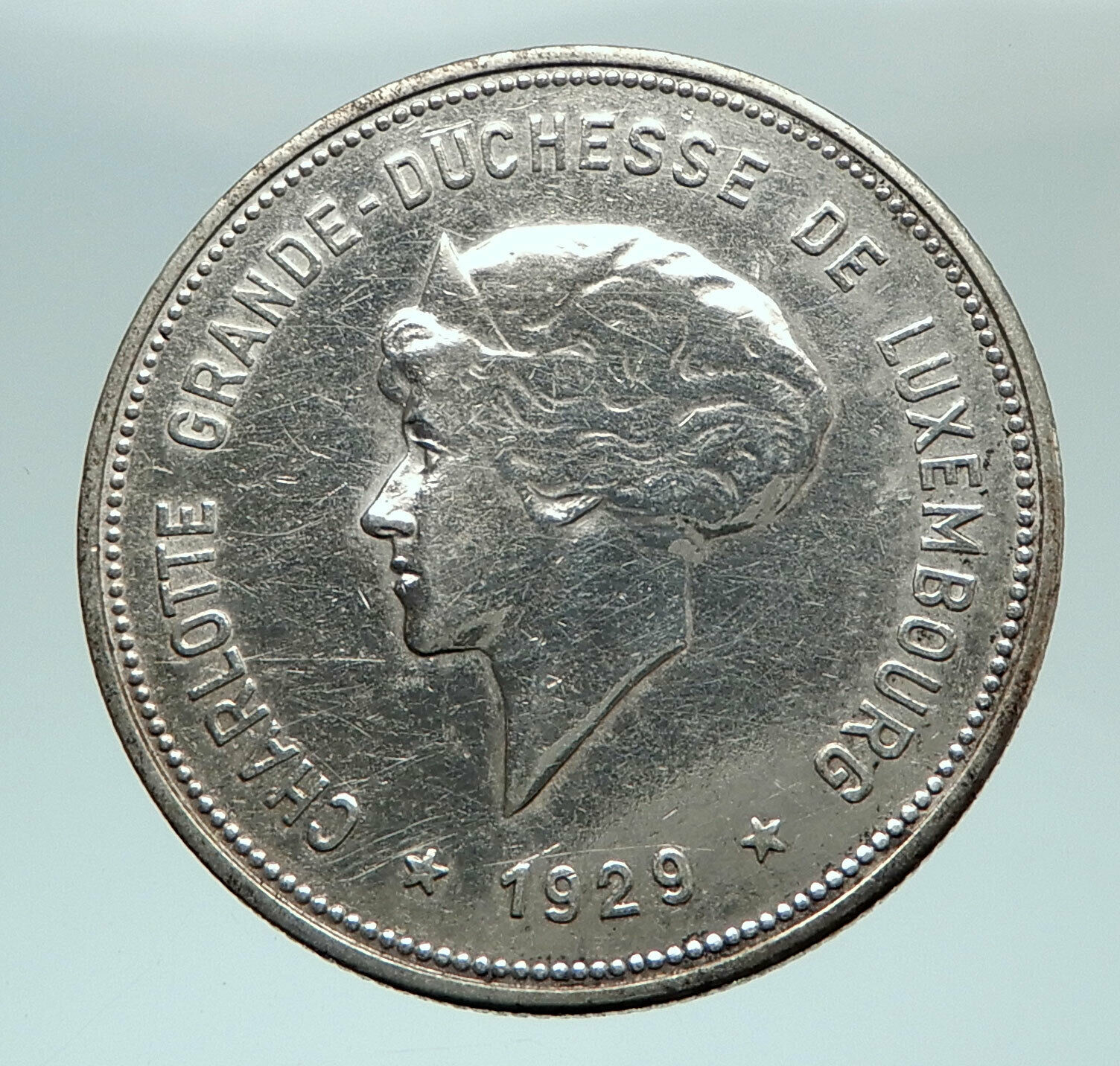 1929 LUXEMBOURG w Grand Dutchess Charlotte Antique Silver 5 Francs Coin i80308