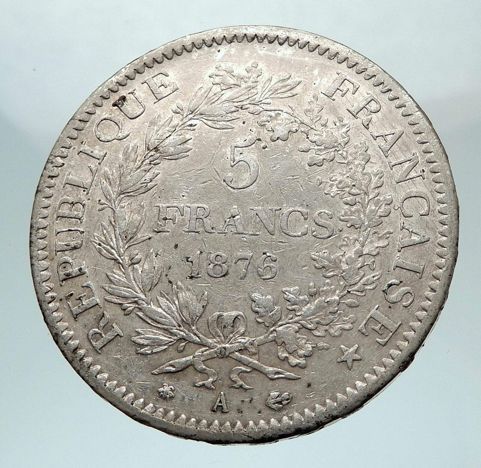 1876 A FRANCE Hercules Group Antique Genuine Silver 5 Franc French Coin i80307