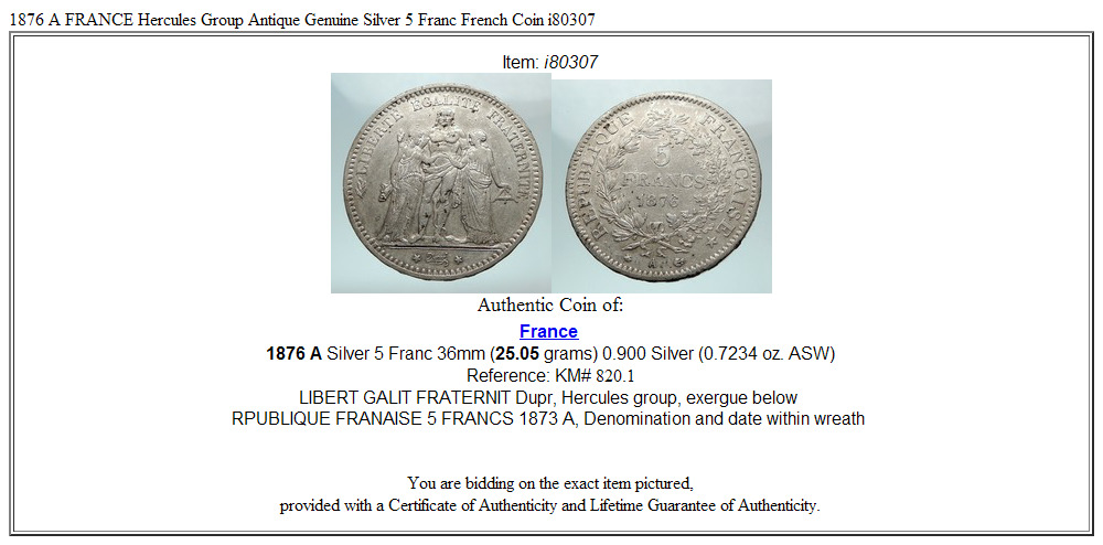 1876 A FRANCE Hercules Group Antique Genuine Silver 5 Franc French Coin i80307