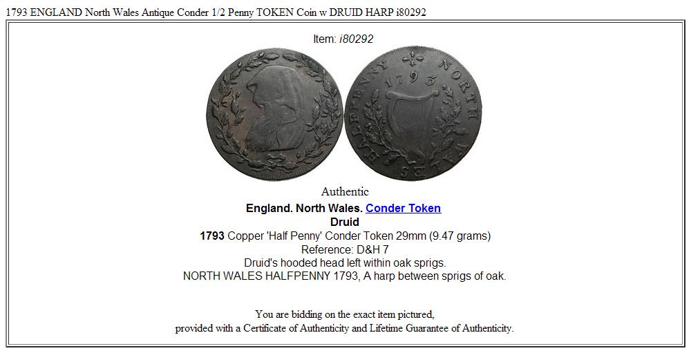 1793 ENGLAND Area North Wales Conder 1/2 Penny TOKEN Coin w DRUID HARP i80292