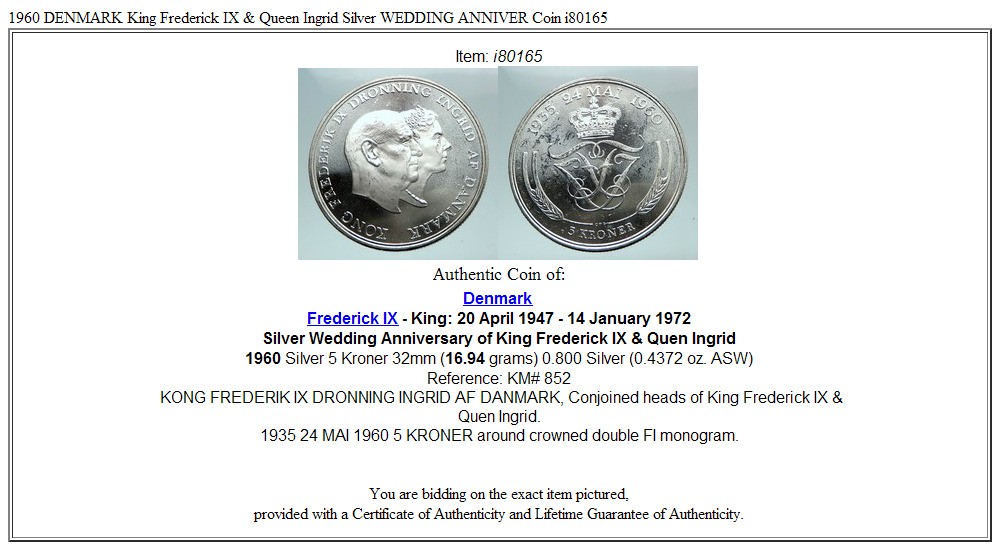 1960 DENMARK King Frederick IX & Queen Ingrid Silver WEDDING ANNIVER Coin i80165