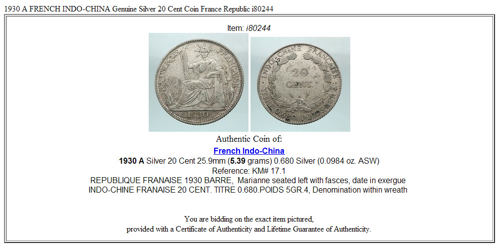 1930 A FRENCH INDO-CHINA Genuine Silver 20 Cent Coin France Republic i80244