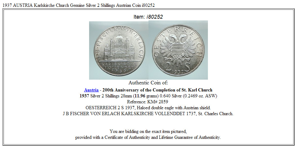 1937 AUSTRIA Karlskirche Church Genuine Silver 2 Shillings Austrian Coin i80252