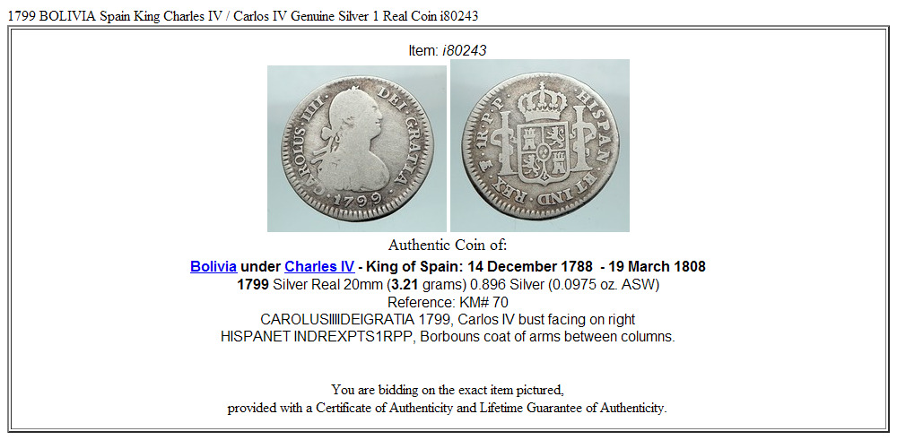 1799 BOLIVIA Spain King Charles IV / Carlos IV Genuine Silver 1 Real Coin i80243