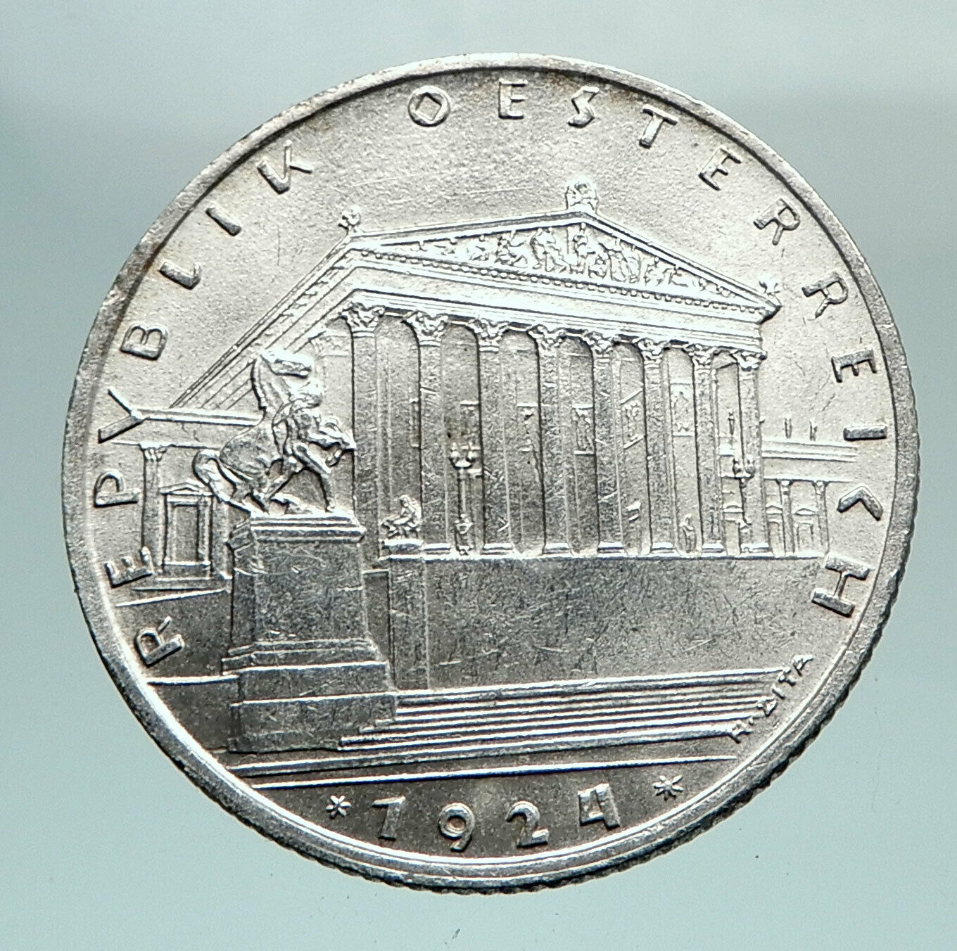 1924 AUSTRIA Parliament in Vienna Edelweiss Antique Silver Shilling Coin i80095