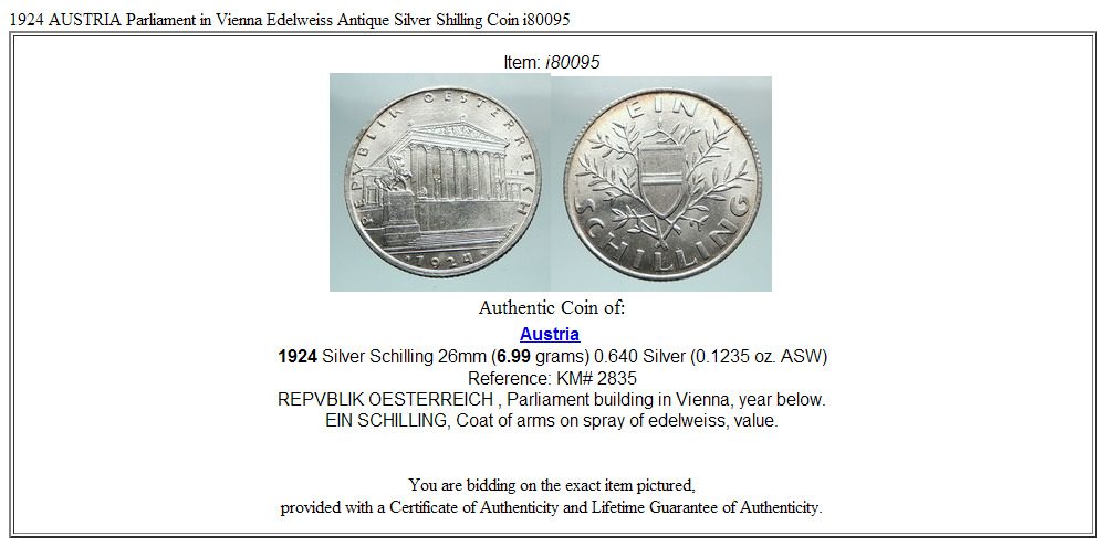 1924 AUSTRIA Parliament in Vienna Edelweiss Antique Silver Shilling Coin i80095